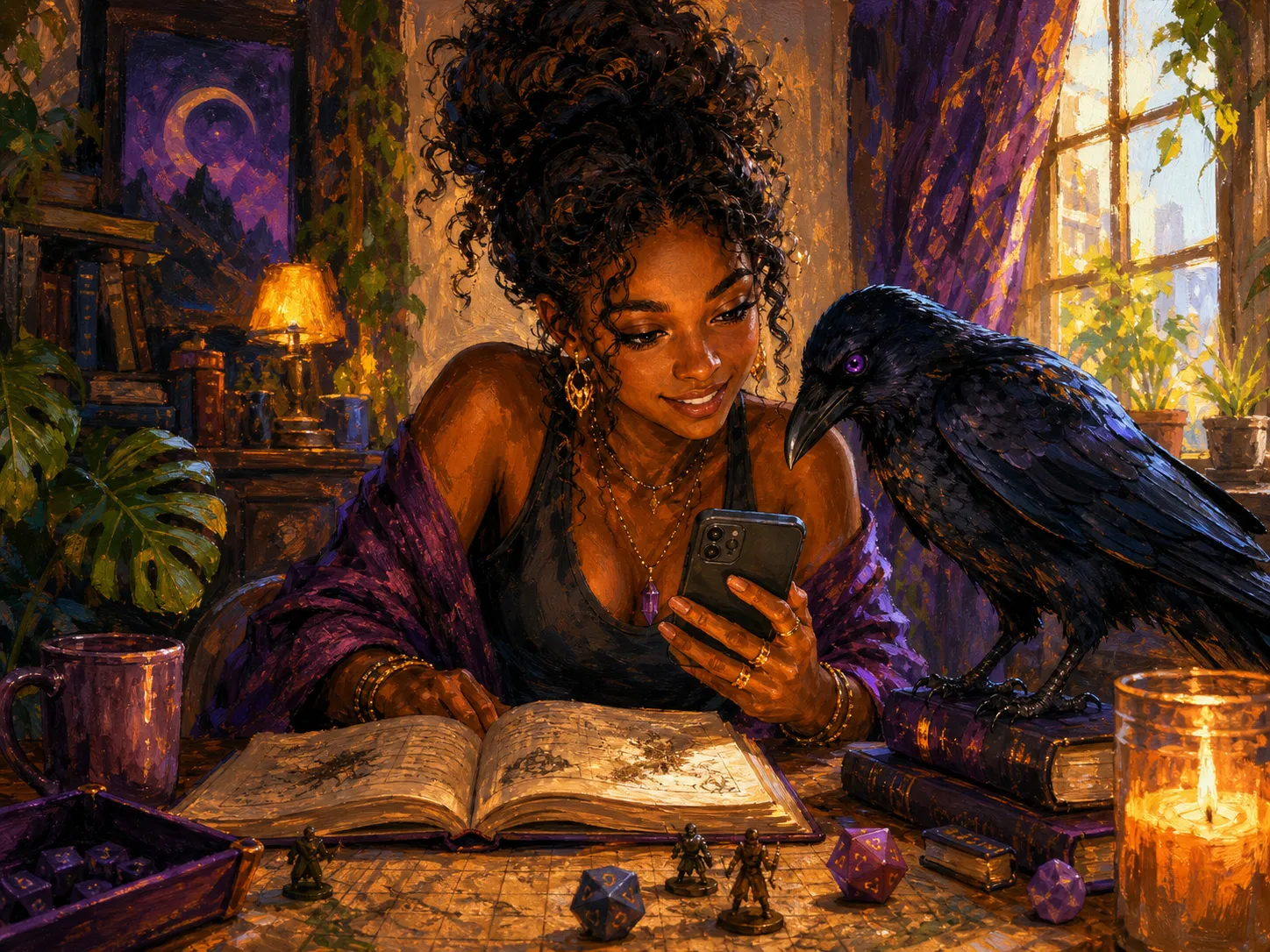 A GM plans her game, raven familiar at her side.